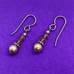 💛 Silver Plated Vintage Brown Crystal & Champagne Pearl Hook Earrings